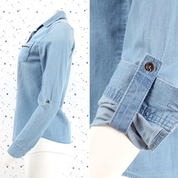 Chambray Denim Shirt Button Up Light Blue - Picture 5 of 7